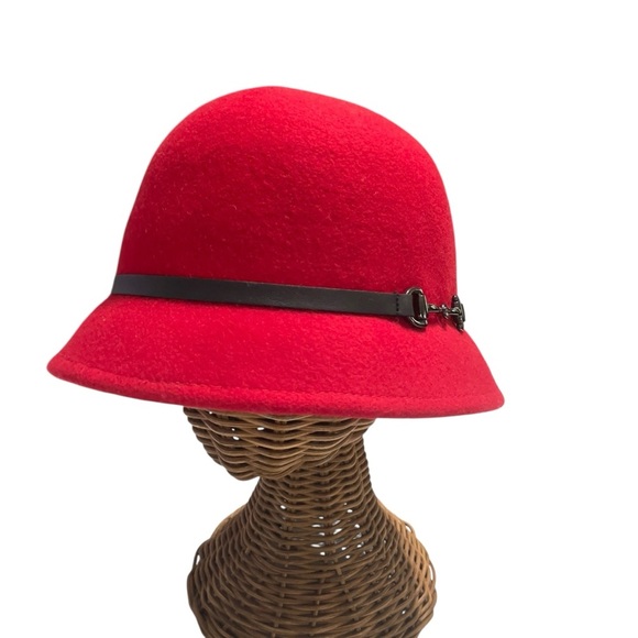 Red Wool Cloche Hat Black Faux Leather Band & Silver Bit Accent Bucket Hat - Picture 2 of 10